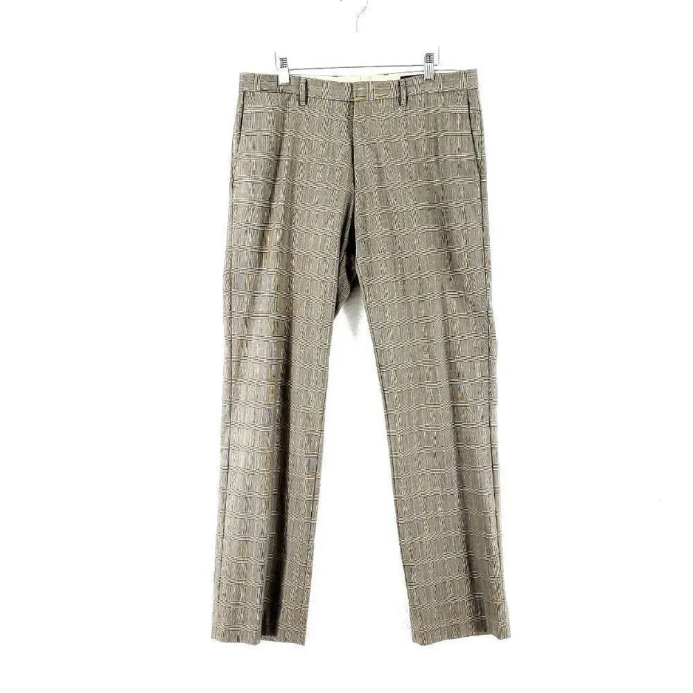 Banana Republic Tailored Slim Fit Brown Tan Wool Plaid Dress Pants 36/33 Flat Fr
